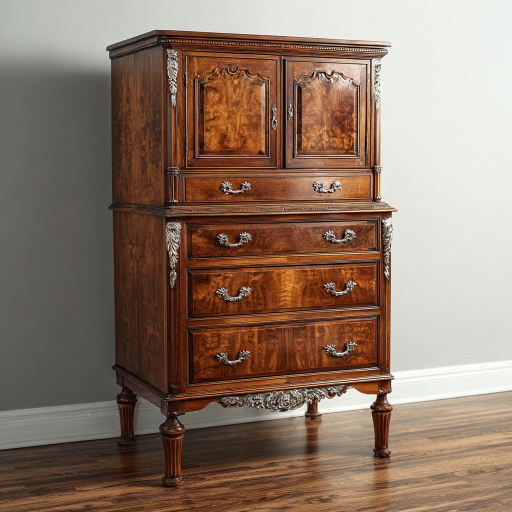Antique highboy dresser with warm wood grain and carved details
